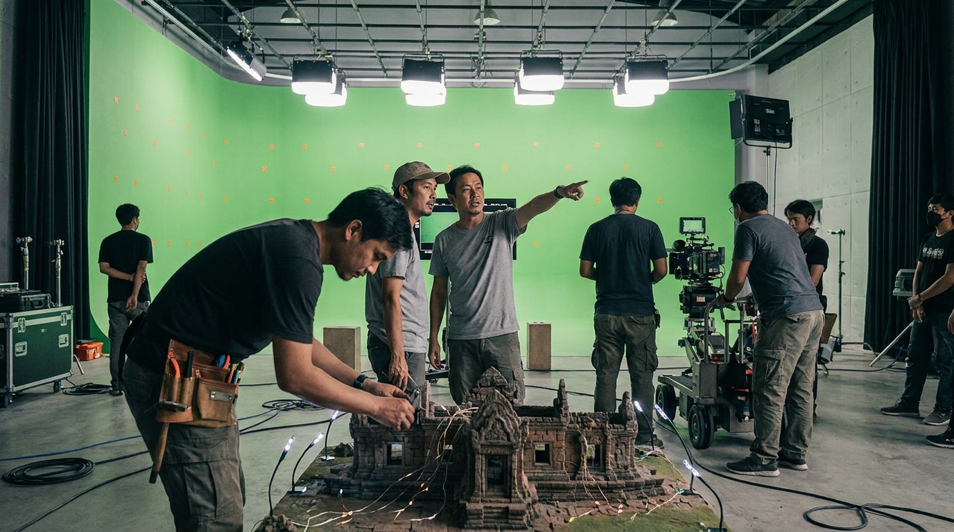 เบื้องหลังฉากอลังการในภาพยนตร์ ทีมงานกำลังหารือการใช้เทคนิคพิเศษทั้ง CG และ Practical Effects ร่วมกัน โดยมีฉาก Green Screen และโมเดลจำลองวัดโบราณ