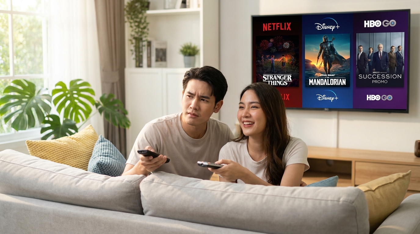 ภาพคู่รักชาวไทยกำลังเปรียบเทียบแพลตฟอร์มสตรีมมิ่ง Netflix, Disney+, HBO Go บนหน้าจอโทรทัศน์ในห้องนั่งเล่นที่อบอุ่น