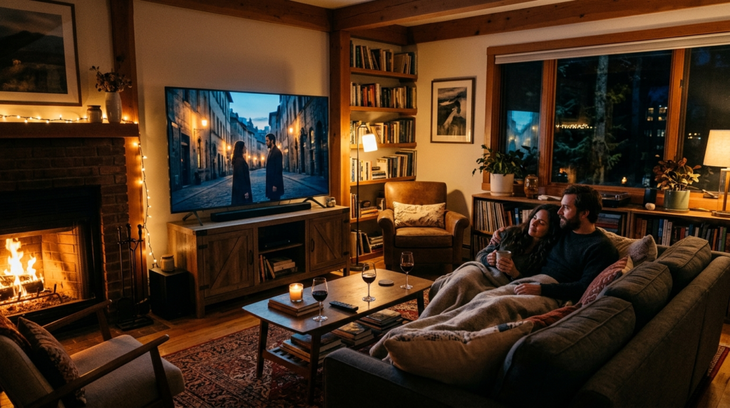 บรรยากาศการดูหนังรางวัลคุณภาพในห้องนั่งเล่นที่อบอุ่น