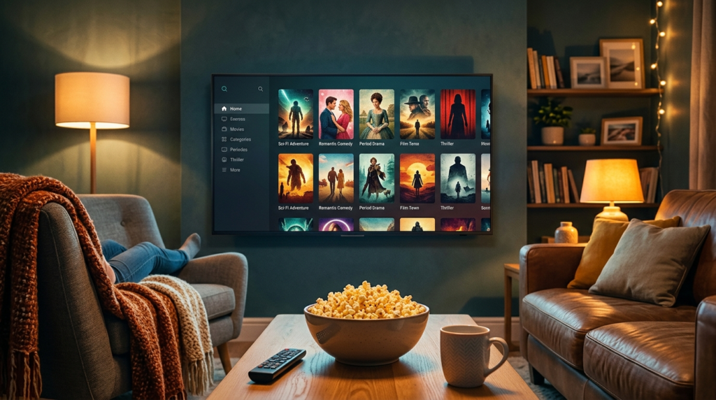 บรรยากาศการนั่งดูหนัง Netflix ในห้องนั่งเล่นที่บ้านพร้อมแสงไฟสลัว