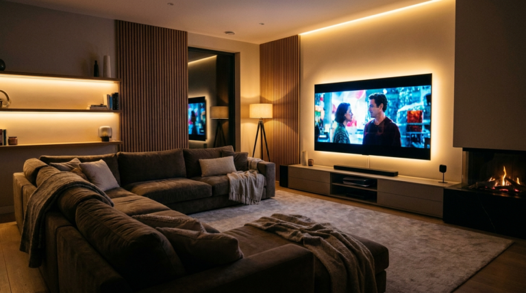 บรรยากาศการนั่งดูหนัง Netflix ในห้องนั่งเล่นที่บ้านพร้อมแสงไฟสลัว