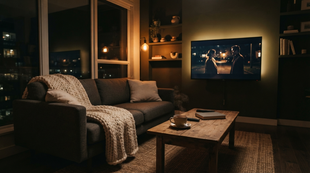 บรรยากาศห้องนั่งเล่นสำหรับการดูหนัง Netflix ในคืนที่มีเวลาน้อย