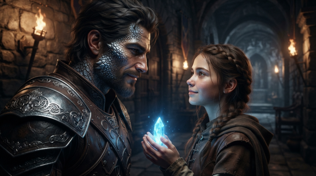 ตัวละครเคลราชันมังกรและไลราในฉากซีรีส์แฟนตาซีปฏิเสธรักราชันมังกร