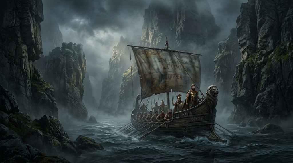 ภาพจำลองการเดินทางของโอดิสซุสบนเรือกรีกโบราณท่ามกลางพายุและท้องทะเลลึกลับ